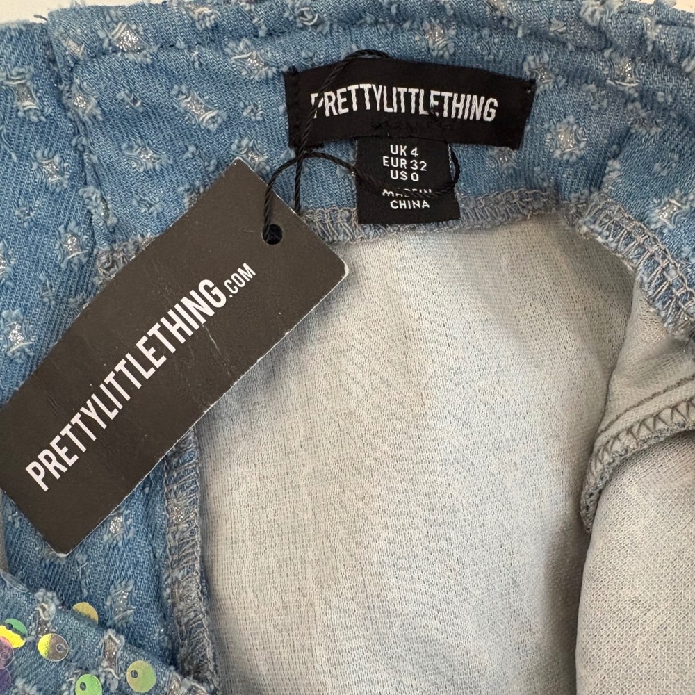 NWT PrettyLittleThing Sequin Denim Mini Skirt Y2K Party Club Festival Blue US 0 - Picture 4 of 5